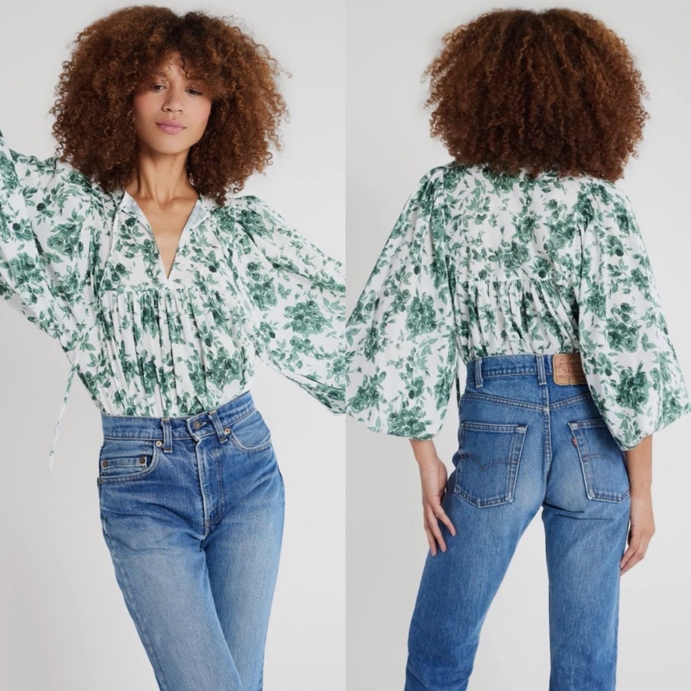 Green Floral V-Neck Peasant Blouse